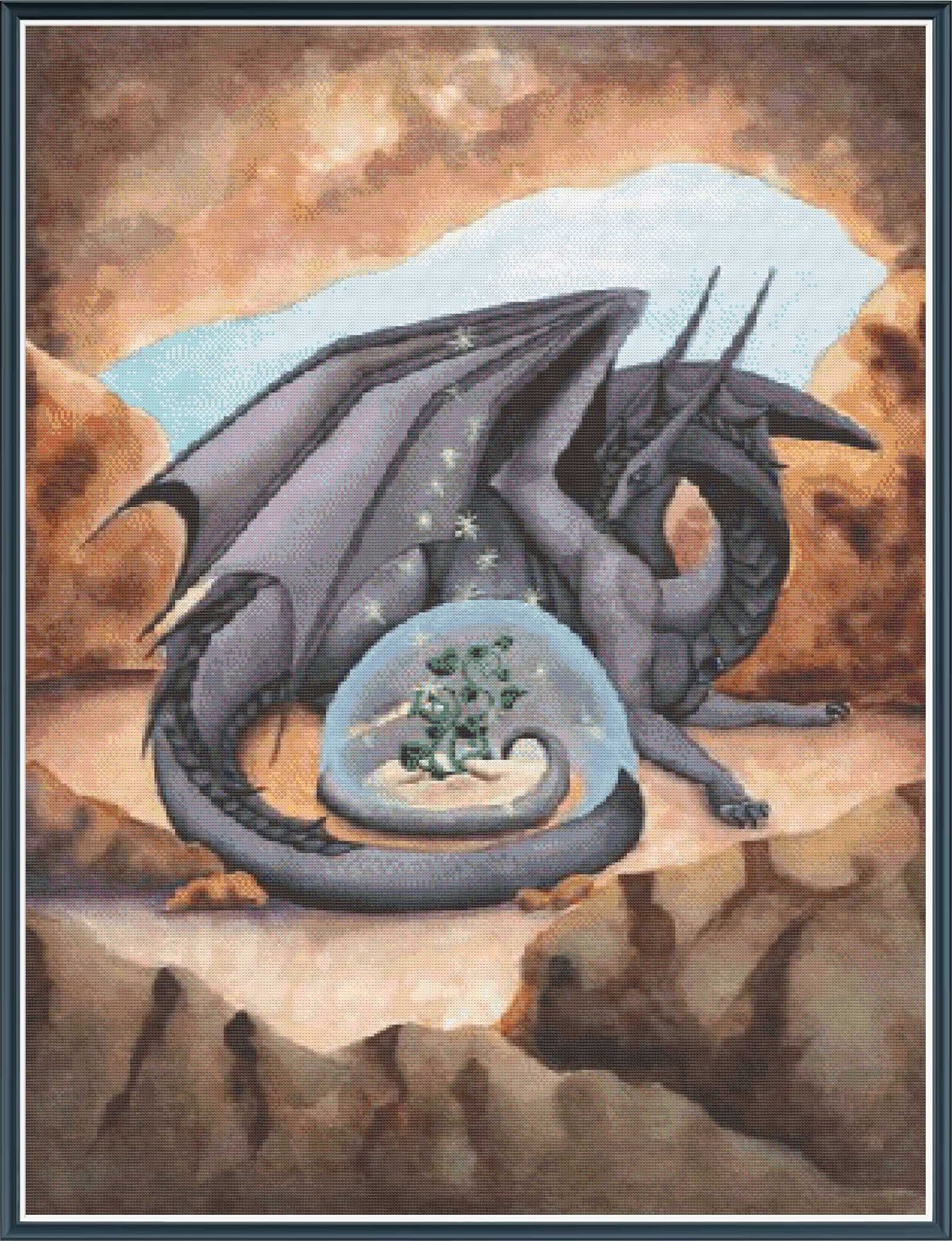 Dragon guarding a crystal ball with a plant inside on a rocky landscape.