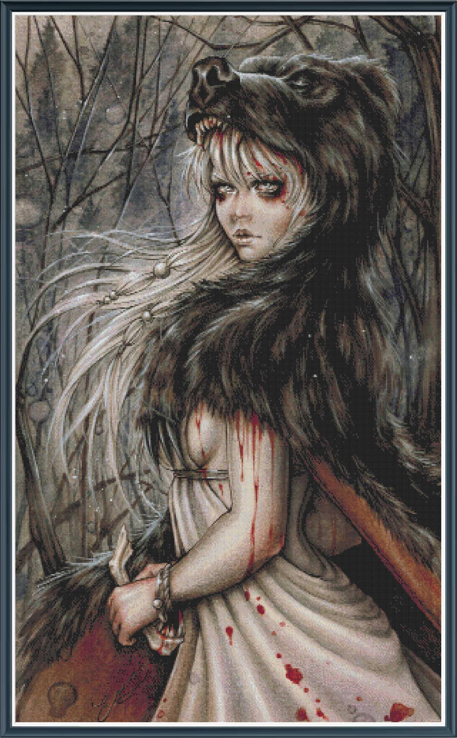Artistic depiction of a woman with a bear's head in a forest setting