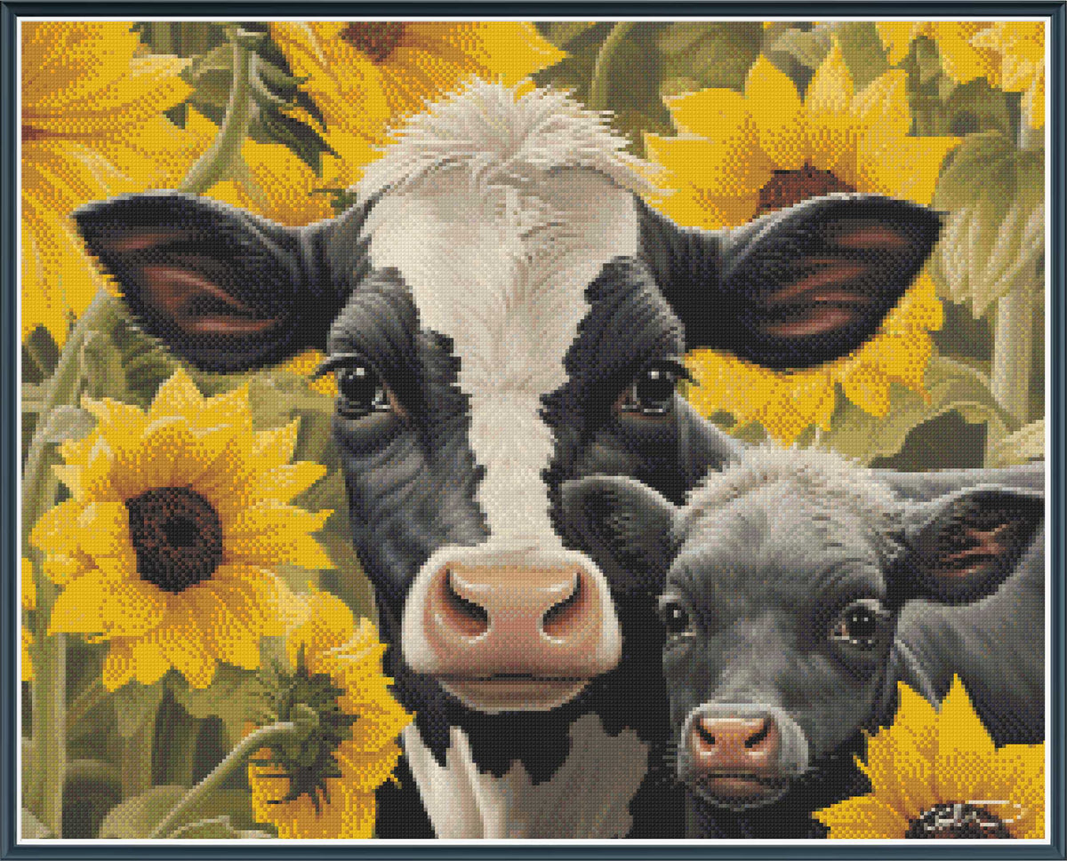 A square art print or needlepoint canvas featuring a close-up illustration of a black-and-white cow and a calf surrounded by bright yellow sunflowers.