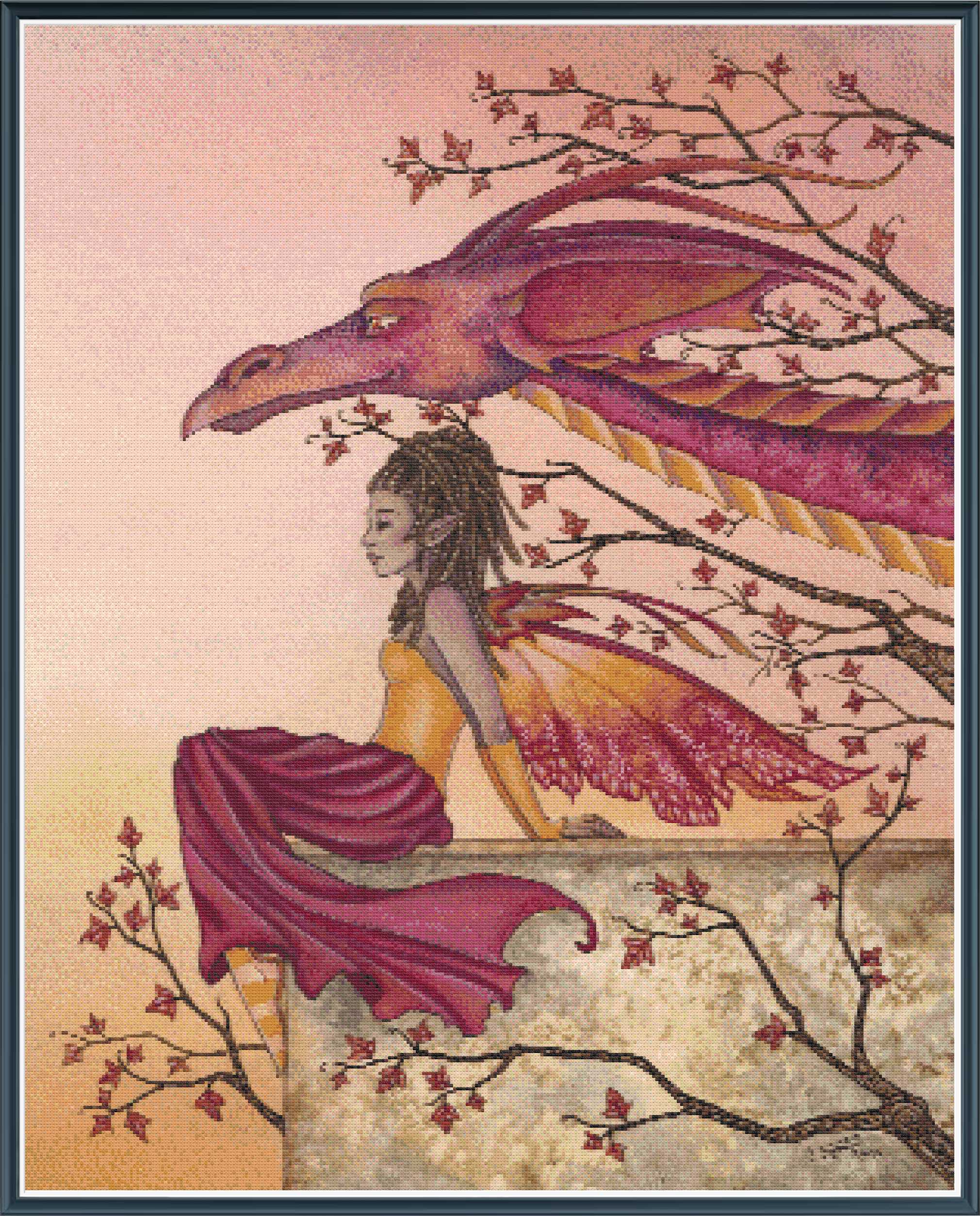 Fairy with a purple dragon sitting on a branch against a pink sky