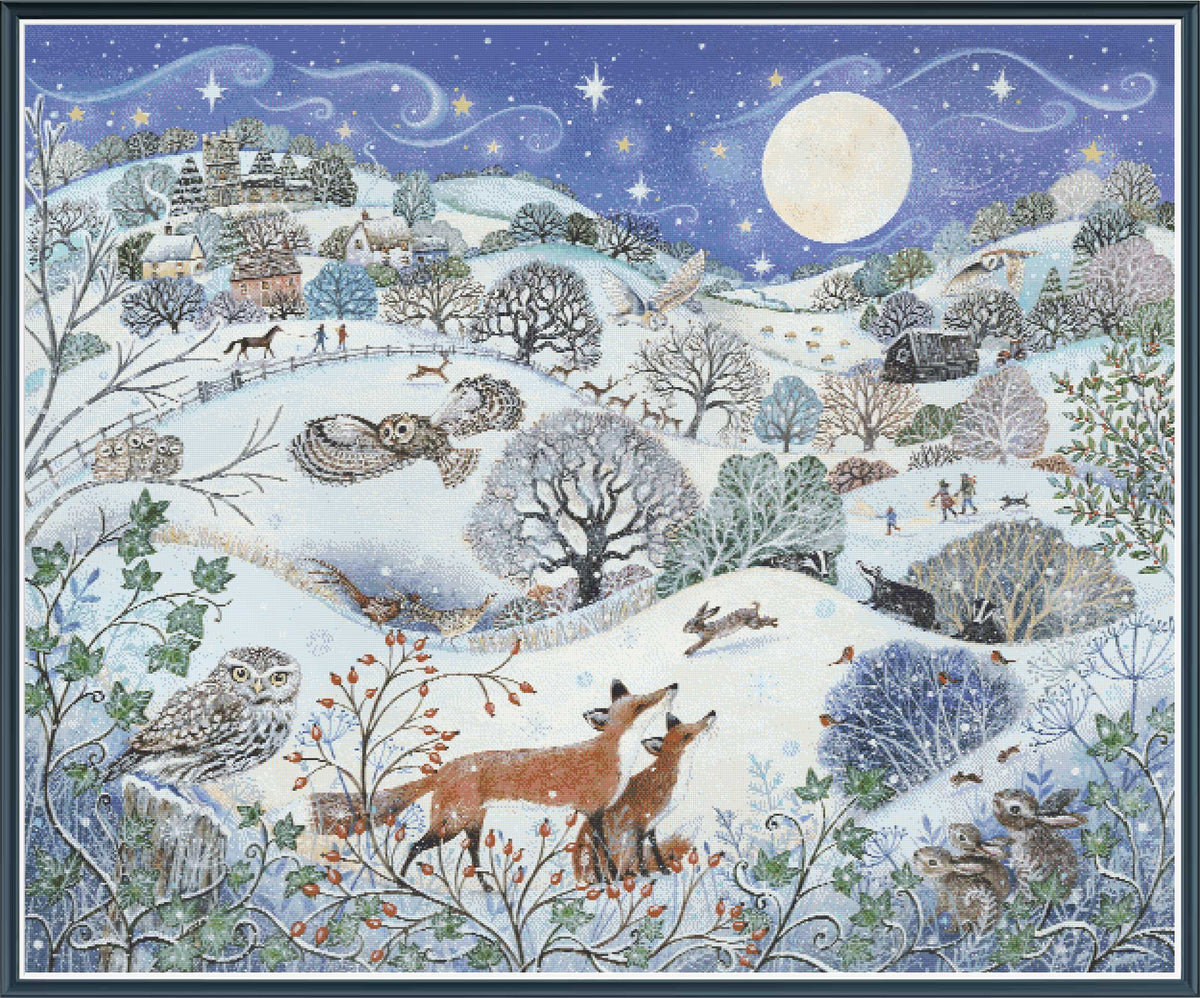 A detailed winter landscape illustration featuring a snowy hillside village under a full moon, with owls, foxes, rabbits, trees, and small figures scattered throughout the scene.