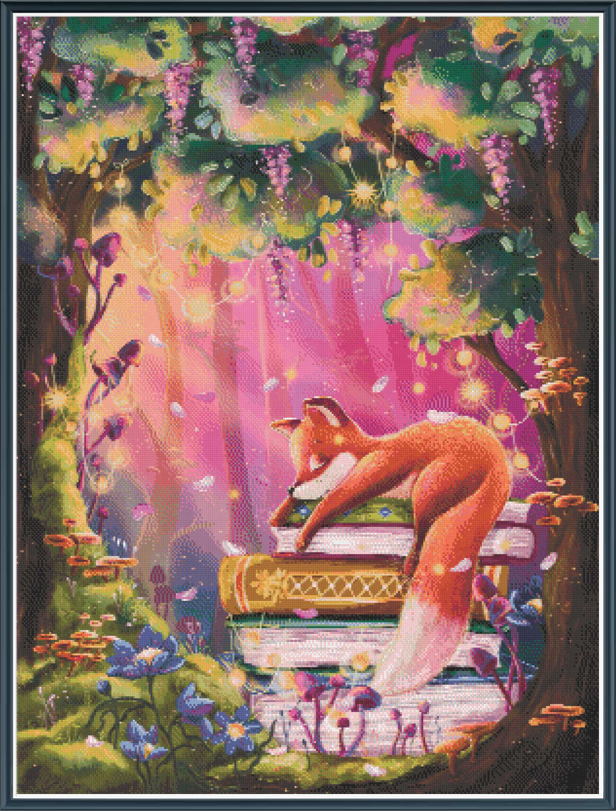 Fox reading a book in a magical forest with flowers and butterflies