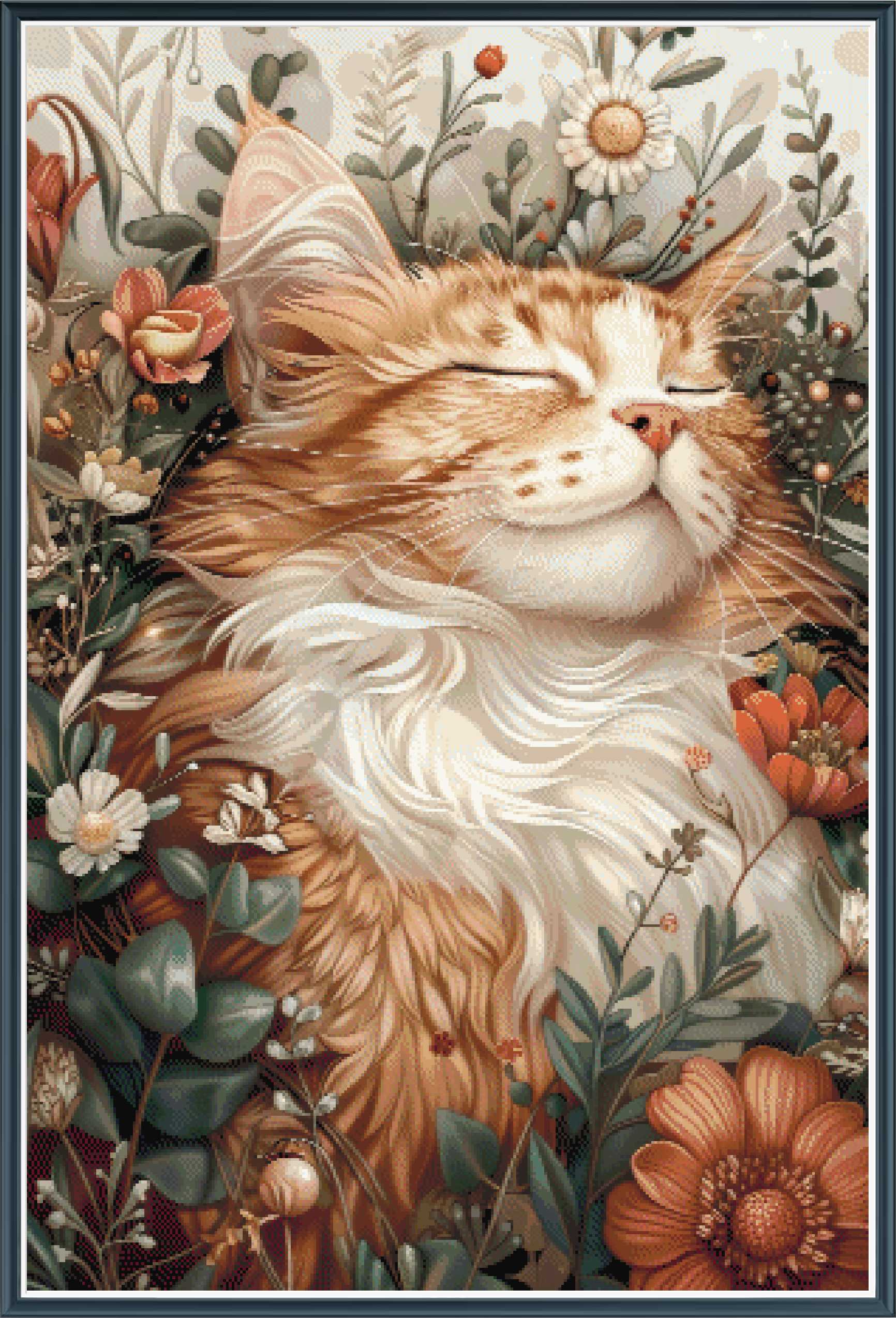 A stylized floral portrait of a fluffy orange-and-white cat with closed eyes, surrounded by illustrated flowers and greenery on a light background with a dark border.