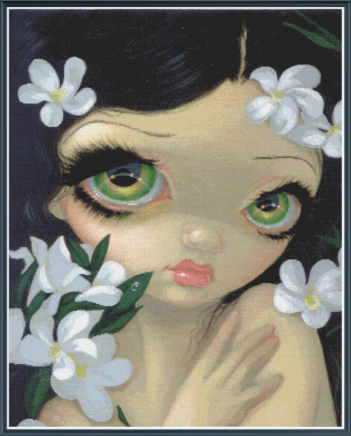 A stylized close-up portrait artwork of a doll-like girl with large green eyes, dark hair, pink lips, and white flowers around her face and hair, framed by a thin blue border.