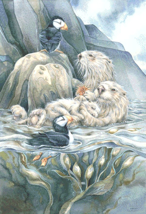 Illustration of sea otters and tufted puffins in a coastal setting with rocks and water.