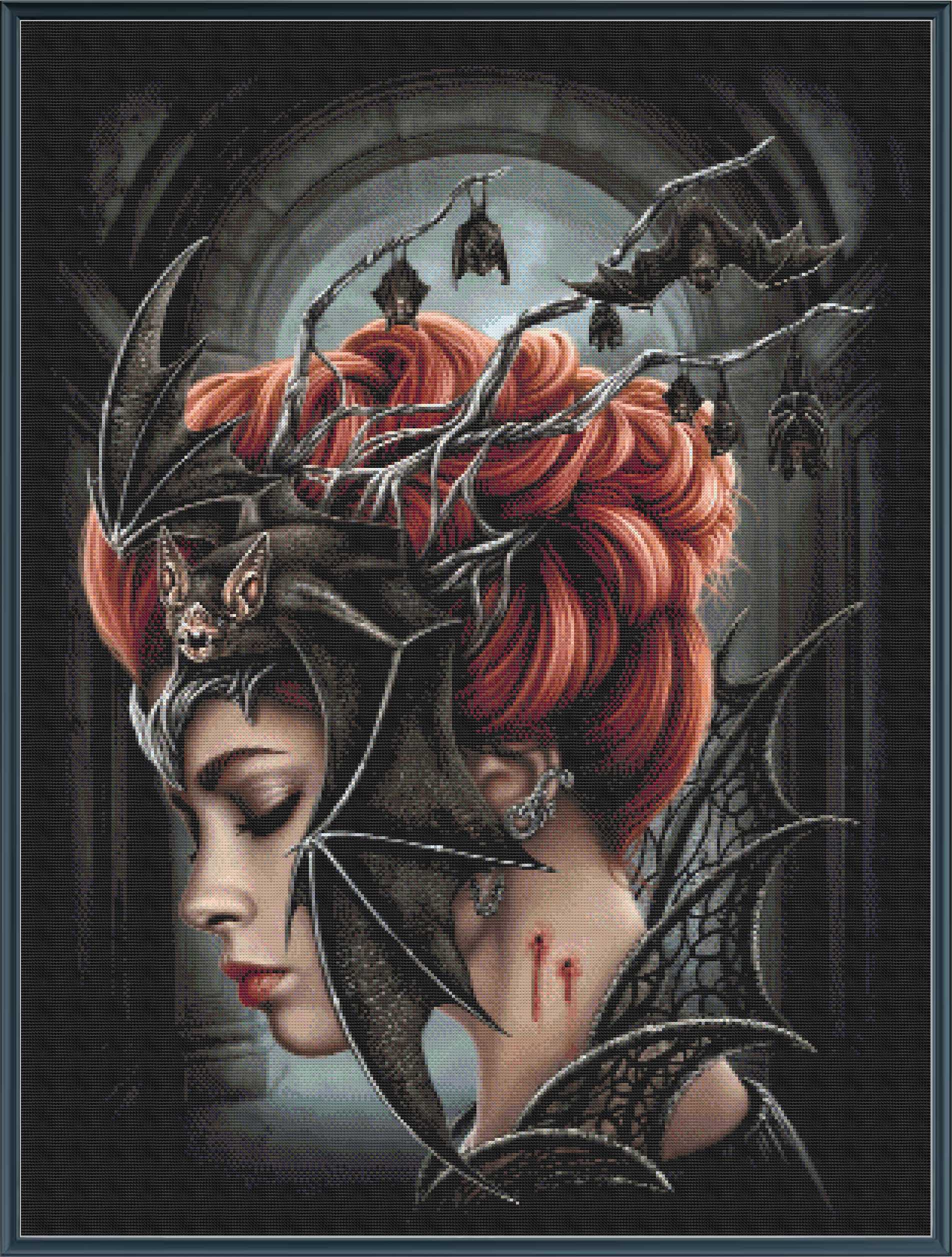 Gothic fantasy portrait artwork of a woman in profile with bright red hair, black bat-like headpieces, dark gothic surroundings, and hanging bats in the background.