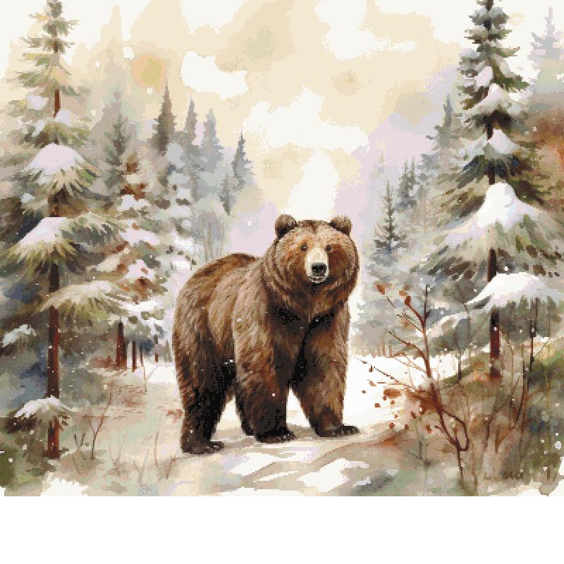 A painted winter forest scene featuring a brown bear standing in the snow among tall evergreen trees under a pale sky.