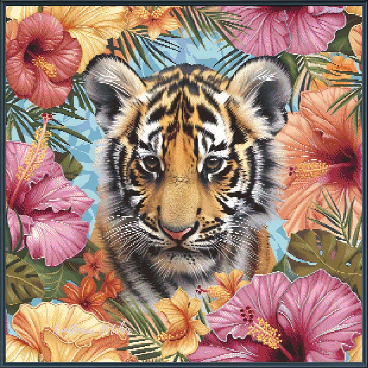 A square decorative print or artwork featuring a close-up tiger face surrounded by large pink, orange, and yellow tropical flowers and green leaves on a light blue background.