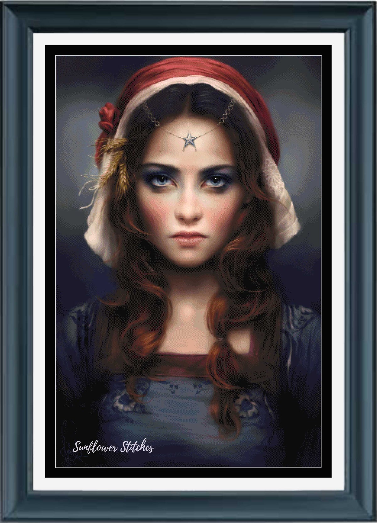 Framed portrait art print featuring a young woman with long wavy brown hair, a red headscarf, and a blue dress, with the text 'Sunflower Stitches' in the lower left. The artwork is presented in a dark teal frame with white matting.