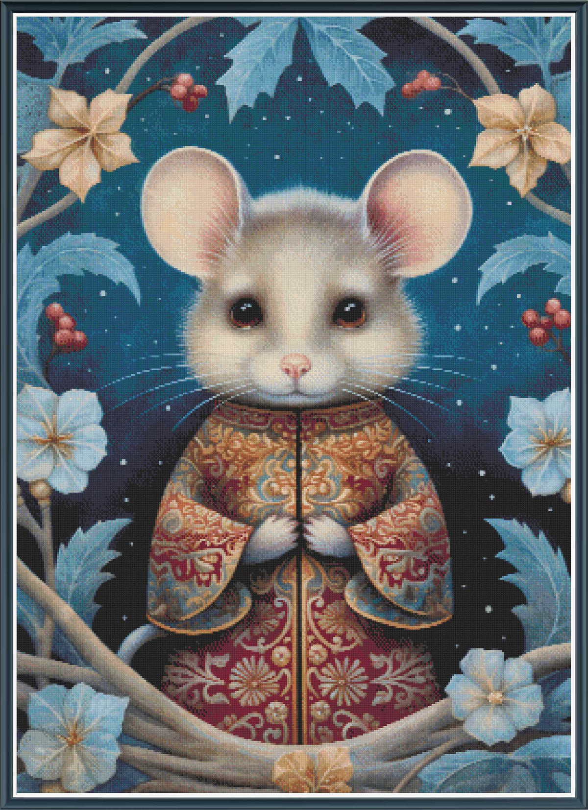 A stylized illustration of a small white mouse wearing an ornate red and gold patterned robe, centered against a dark blue background with flowers, leaves, and berries.