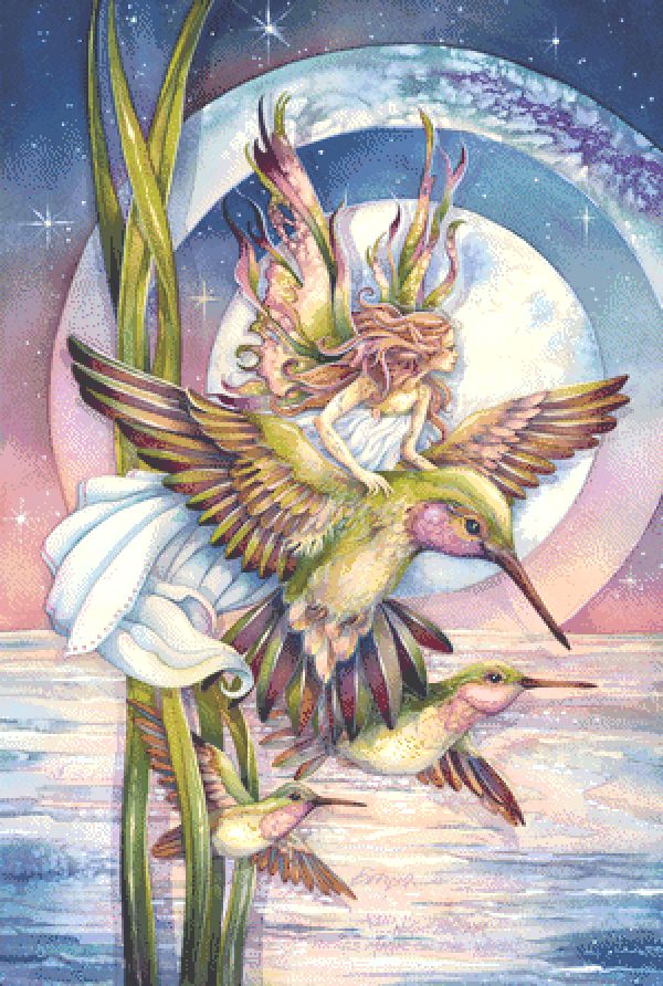 Artistic illustration of hummingbirds and a fairy with a celestial background
