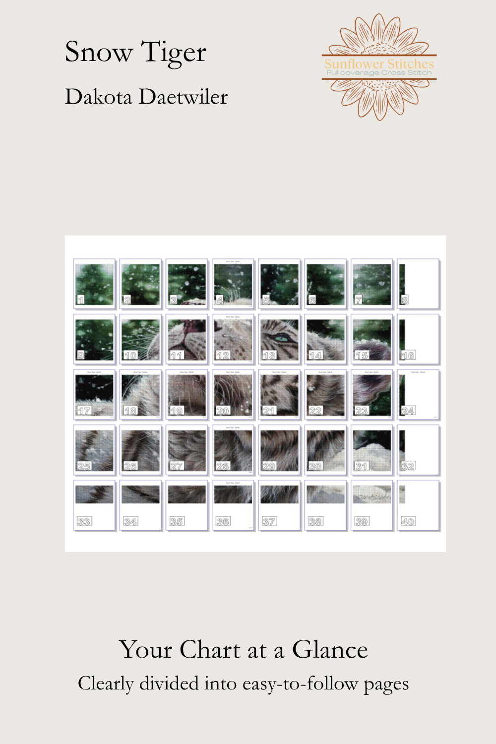 An informational page for a snow tiger photography chart titled 'Snow Tiger' by Dakota Daetwiler, with a grid of small animal photos and text reading 'Your Chart at a Glance' on a light beige background.