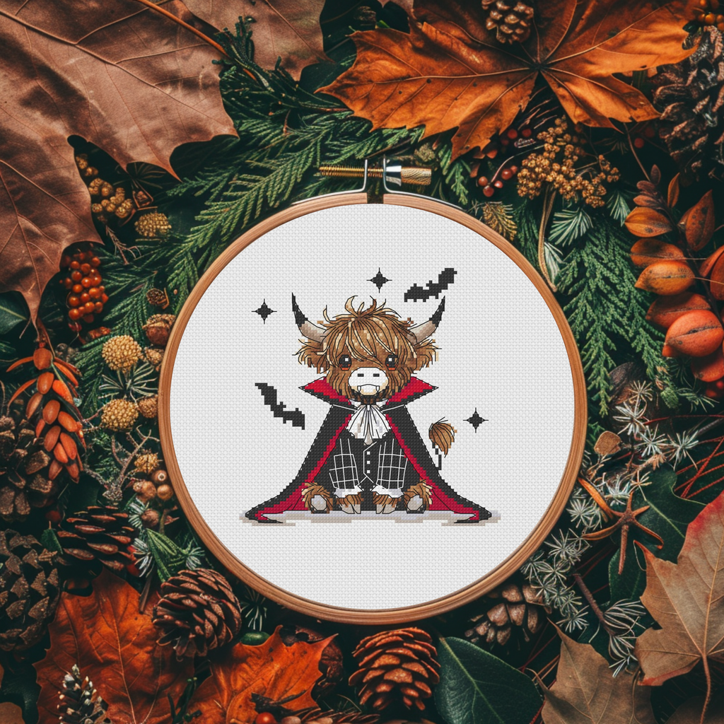 A circular embroidery hoop displays a finished cross-stitch design of a cute Highland cow dressed as a vampire, surrounded by a decorative autumn flat-lay of pinecones, acorns, and leaves.