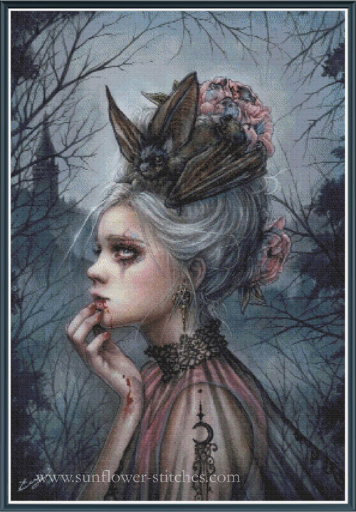 Full coverage cross stitch of a woman with a bat-like headdress in a dark, forested setting.