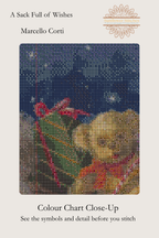 A Sack Full of Wishes cross stitch colour chart symbol preview showing counted stitched grid detail of wrapped gifts and a teddy bear, Sunflower Stitches.