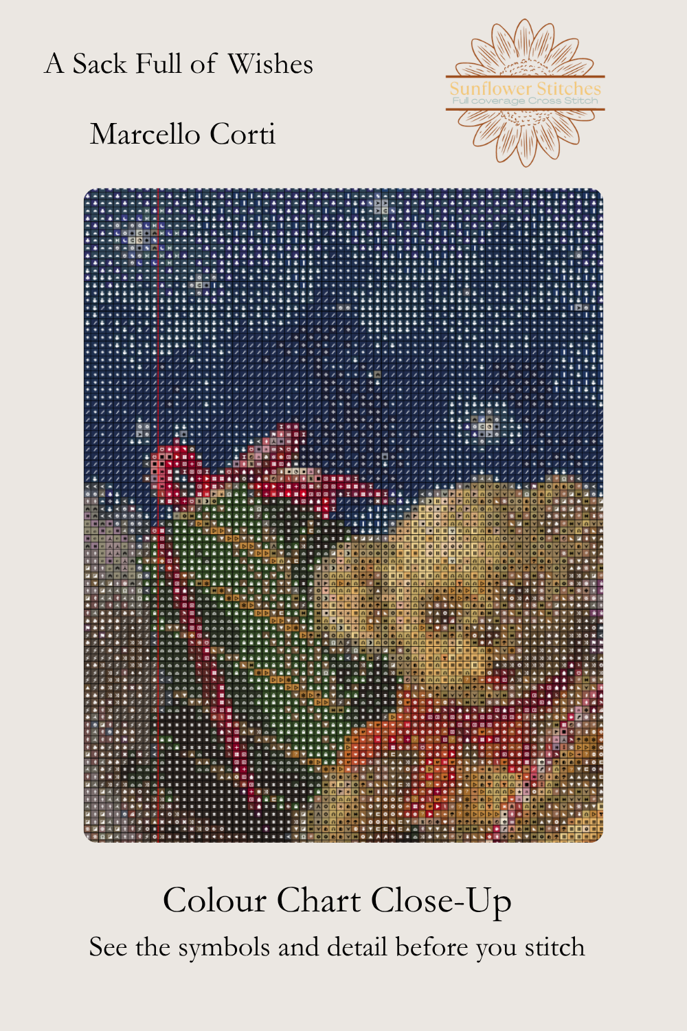 A Sack Full of Wishes cross stitch colour chart symbol preview showing counted stitched grid detail of wrapped gifts and a teddy bear, Sunflower Stitches.