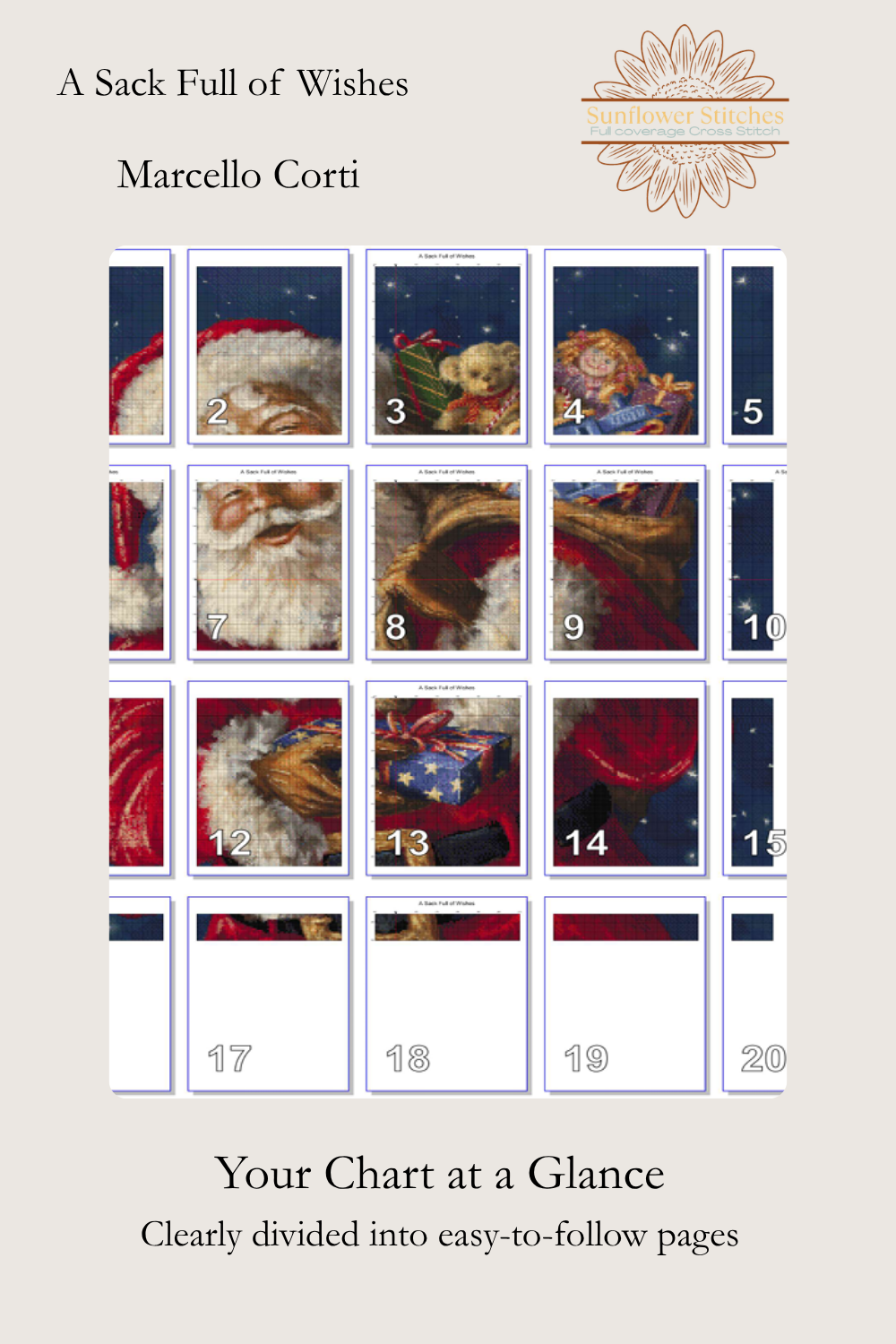 A Sack Full of Wishes cross stitch pattern page map layout showing numbered chart section grid, Sunflower Stitches.