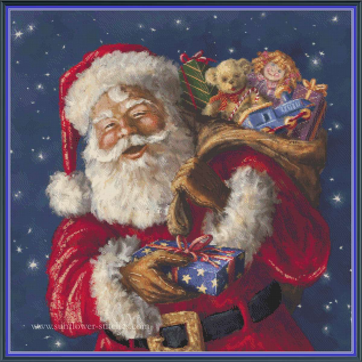 A Sack Full of Wishes cross stitch pattern mockup featuring Santa Claus in a red suit carrying a sack of gifts against a snowy blue night sky, artwork by Marcello Corti.
