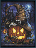 Halloween-themed cross stitch design featuring a glowing jack-o'-lantern with a white cat peeking out from under a witch's hat, set against a haunted house and moonlit sky background.