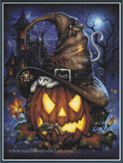 Halloween-themed cross stitch design featuring a glowing jack-o'-lantern with a white cat peeking out from under a witch's hat, set against a haunted house and moonlit sky background.