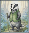 Badger character in a green vest holding a walking stick in a forest setting