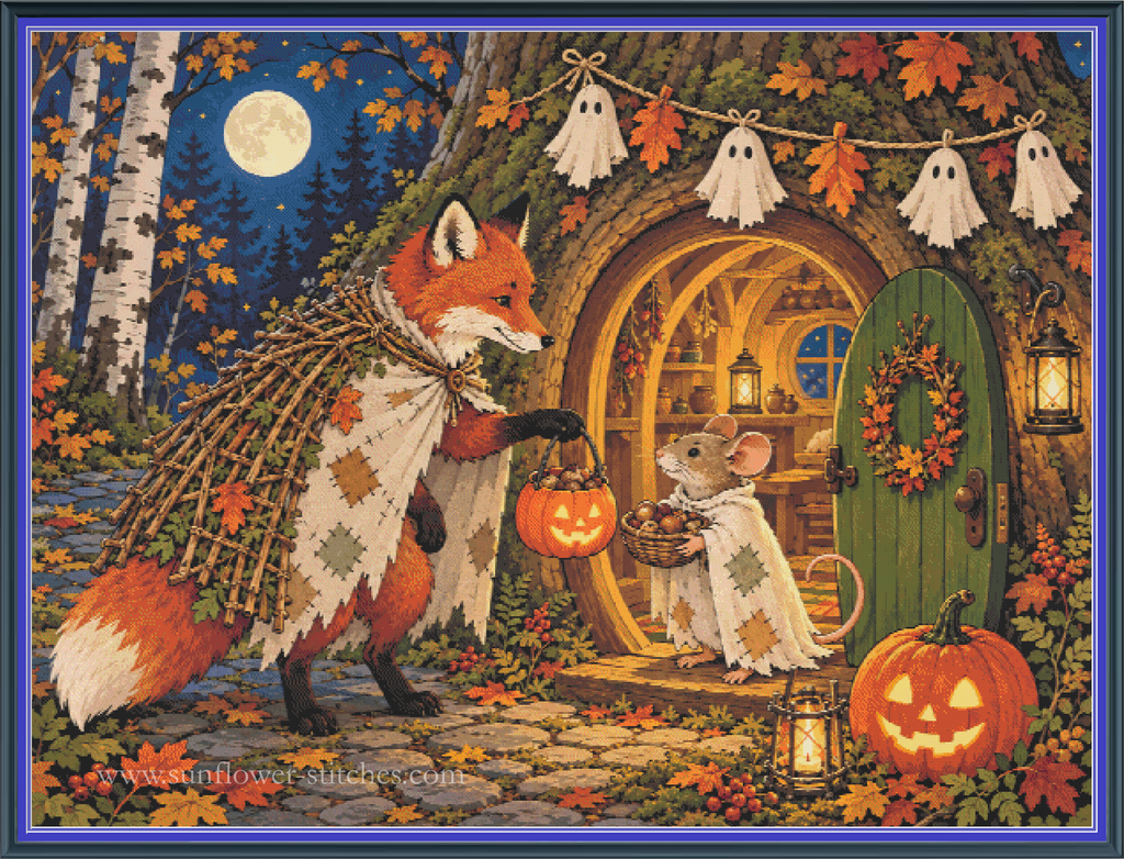 A square art print or card design showing a fox and a mouse in a woodland Halloween scene. The fox wears a patchwork cape and holds a carved pumpkin, while the mouse stands at a small green door wearing a similar cape.