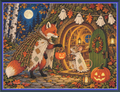 A square art print or card design showing a fox and a mouse in a woodland Halloween scene. The fox wears a patchwork cape and holds a carved pumpkin, while the mouse stands at a small green door wearing a similar cape.