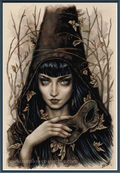 Full coverage cross stitch of a hooded figure holding an object, surrounded by branches and leaves.