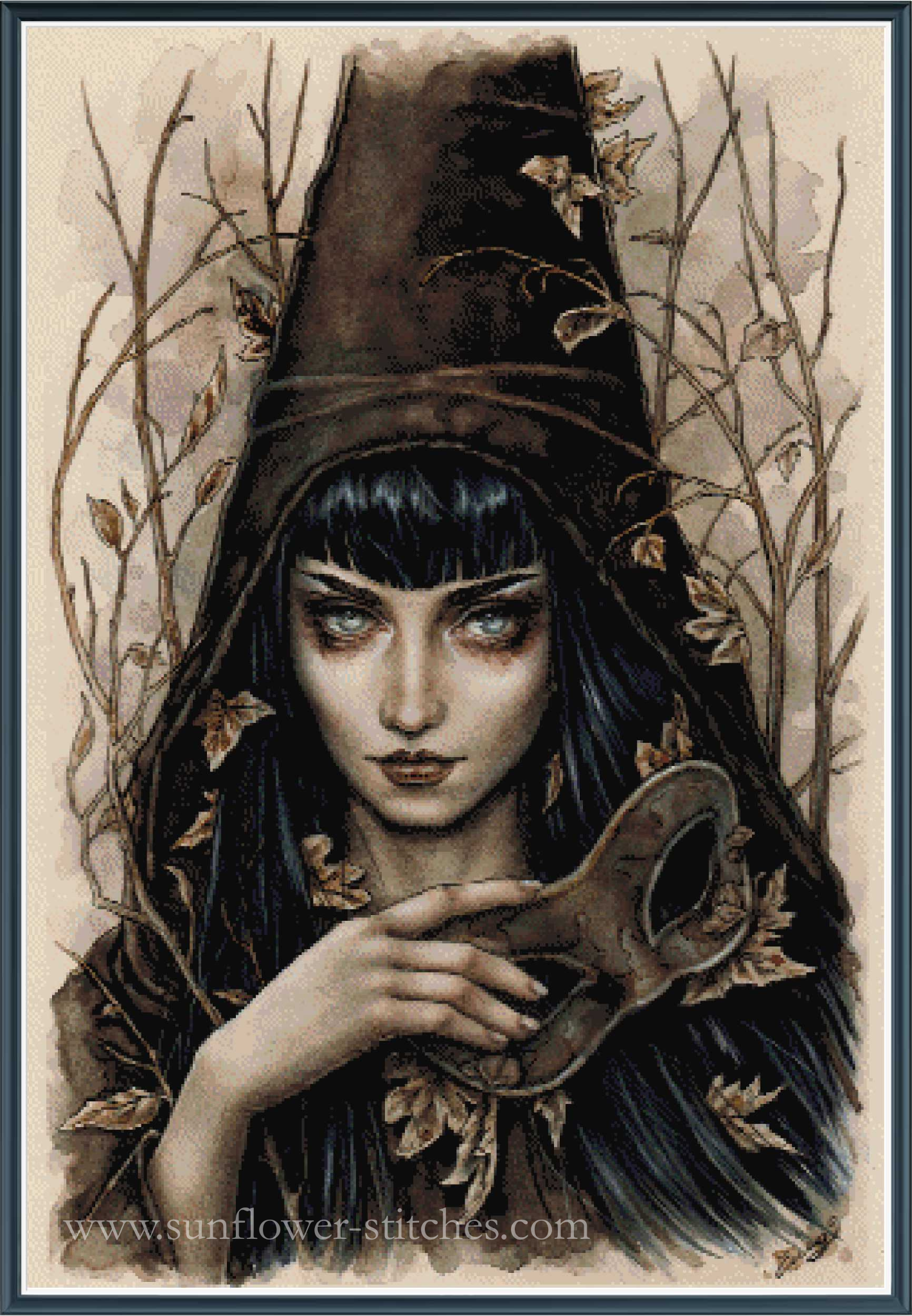 Full coverage cross stitch of a hooded figure holding an object, surrounded by branches and leaves.