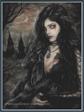 Gothic fantasy cross stitch of a pale woman with long dark hair holding a black goat in a barren, moonlit landscape with spire buildings in the background.
