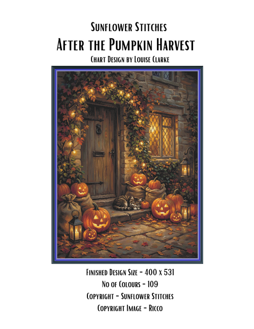 fter the Pumpkin Harvest cross stitch pattern cover sheet preview showing design specifications and finished size details, Sunflower Stitches.