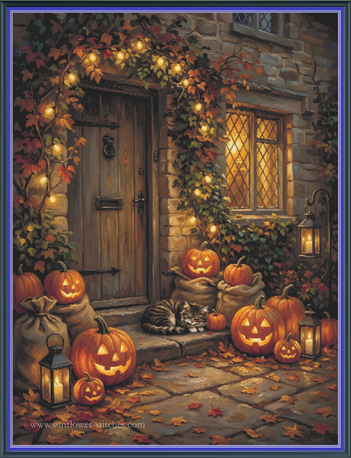 After the Pumpkin Harvest cross stitch pattern mockup featuring a cosy rustic cottage porch decorated with glowing carved pumpkins, sacks of harvest squash, warm lanterns, and a sleeping tabby cat on the stone steps, artwork by Ricco.
