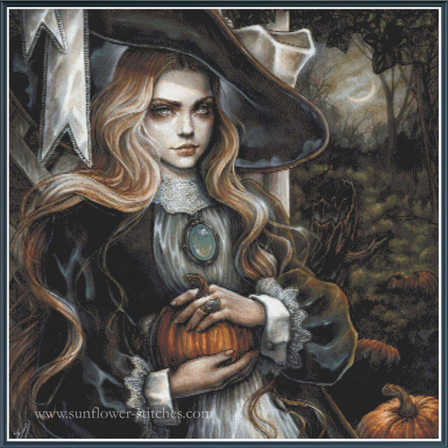 Full coverage cross stitch of a witch holding a pumpkin with a dark, forest-like background.