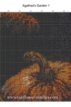 Agatha’s Garden 1 colour chart close-up, showing cross stitch symbols over an orange pumpkin and dark background, Sunflower Stitches.
