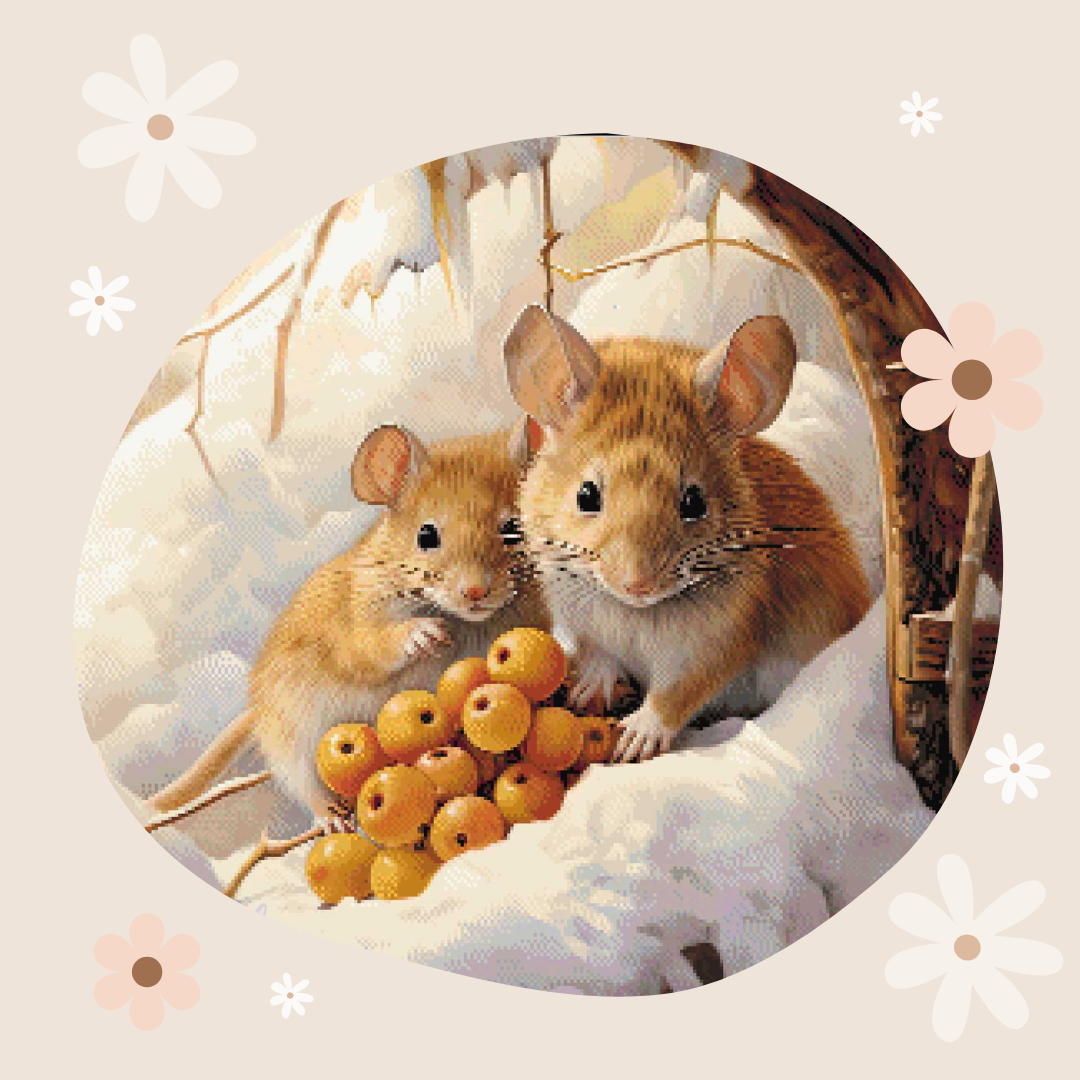 A circular art print or illustration showing two small brown mice sitting on white fluffy bedding beside a pile of golden berries, surrounded by a beige border with white and pink flower motifs.