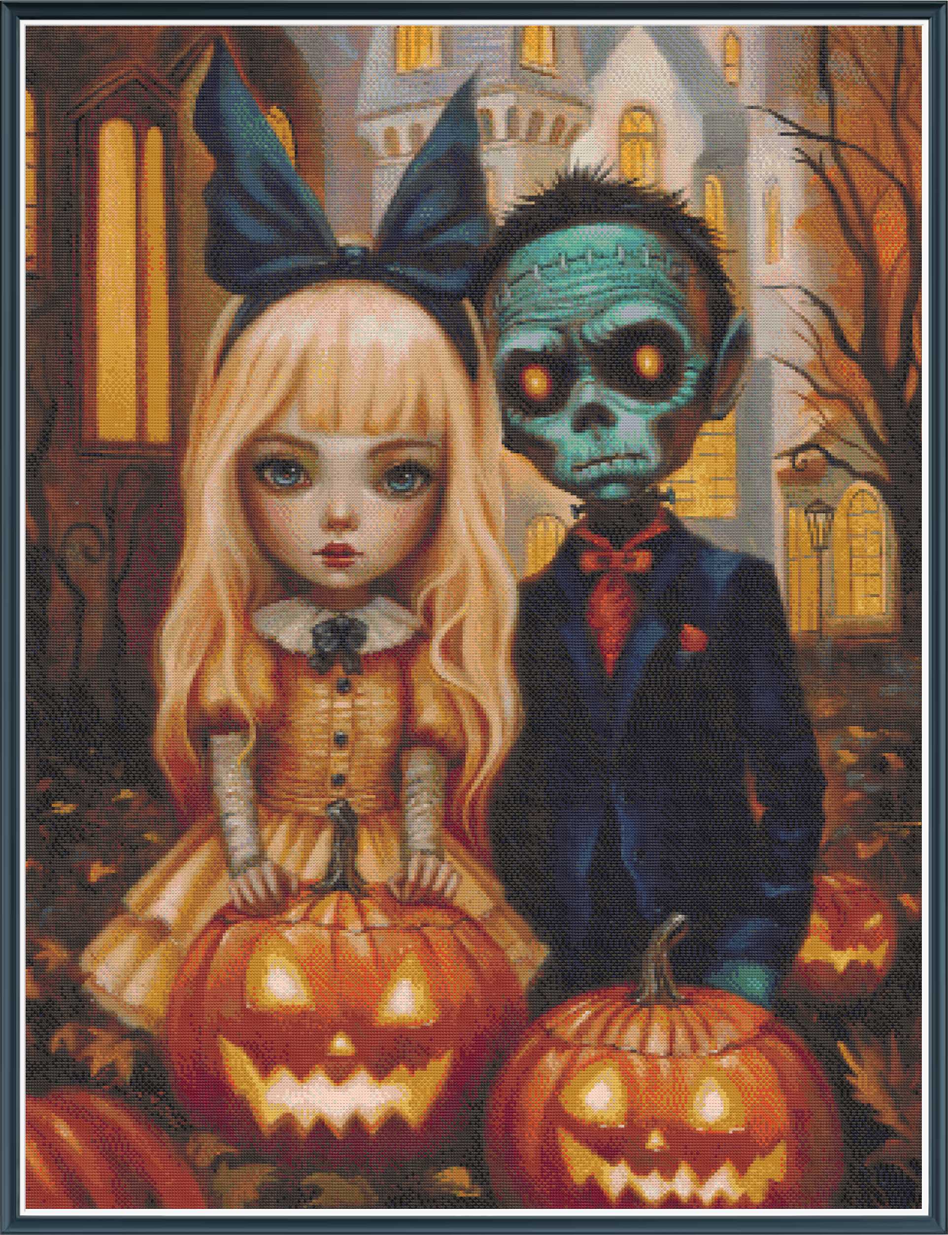 Alice and Frankenstein in pumpkin patch - PDF Digital Download
