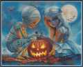 A cross stitch Halloween scene showing a skeleton mummy wrapped in bandages beside a pale girl in a blue dress, both looking at a glowing jack-o'-lantern pumpkin under a full moon with bats in the sky.