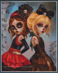 Two stylized girls with skull makeup and decorative hair bows against a light blue background.
