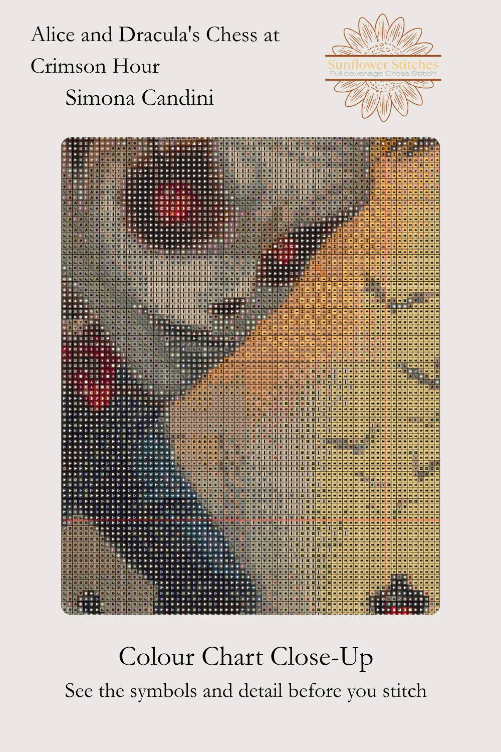 Alice and Dracula’s Chess at Crimson Hour colour chart close-up, showing symbols over Dracula’s face, Sunflower Stitches.