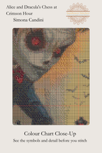 Alice and Dracula’s Chess at Crimson Hour colour chart close-up, showing symbols over Dracula’s face, Sunflower Stitches.