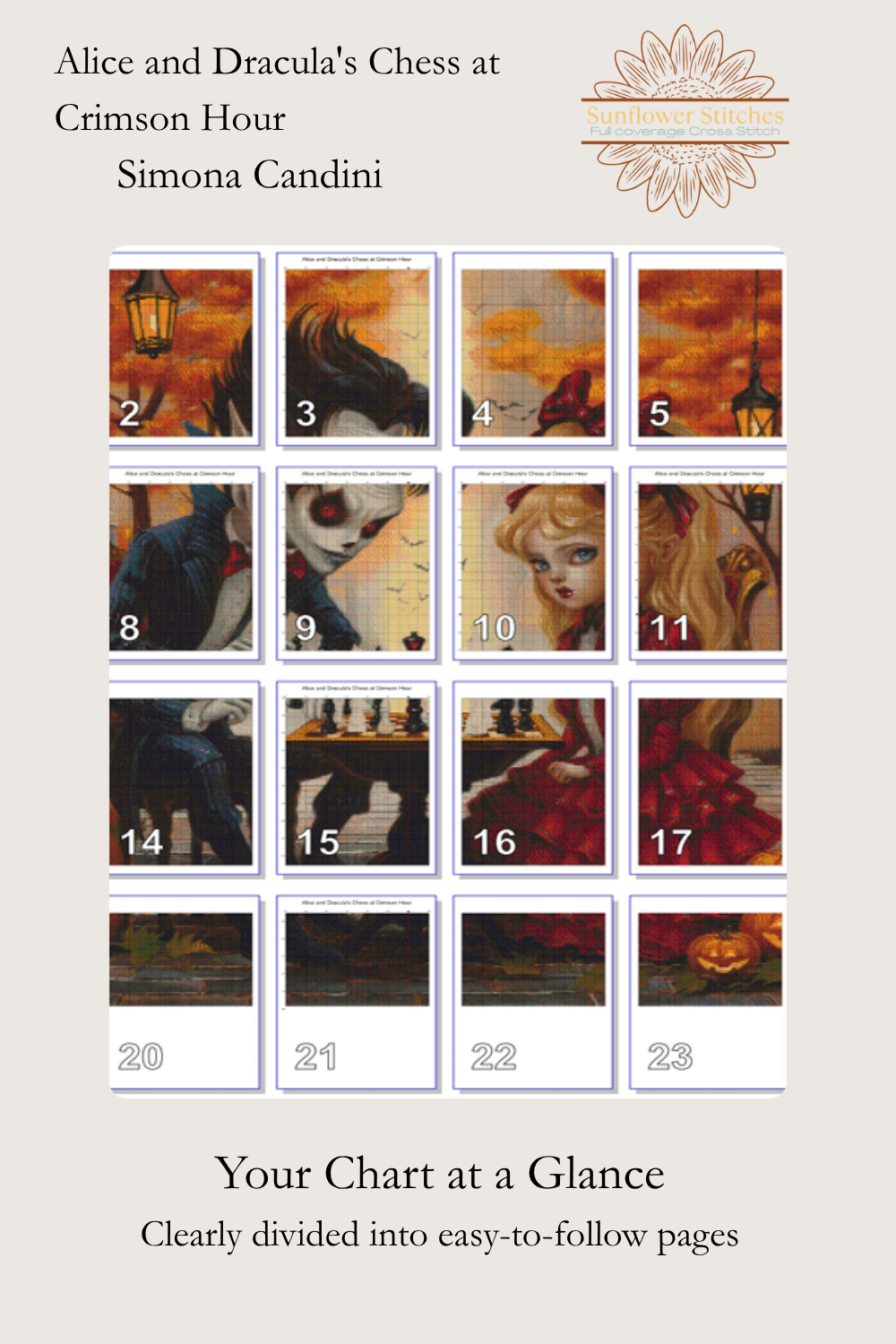 Alice and Dracula’s Chess at Crimson Hour chart page map, showing numbered page thumbnails, Sunflower Stitches.