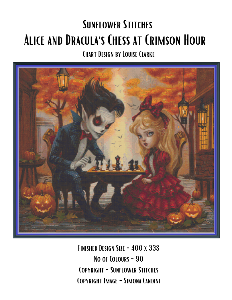 Alice and Dracula’s Chess at Crimson Hour chart cover, showing the pair playing chess among pumpkins, Sunflower Stitches.