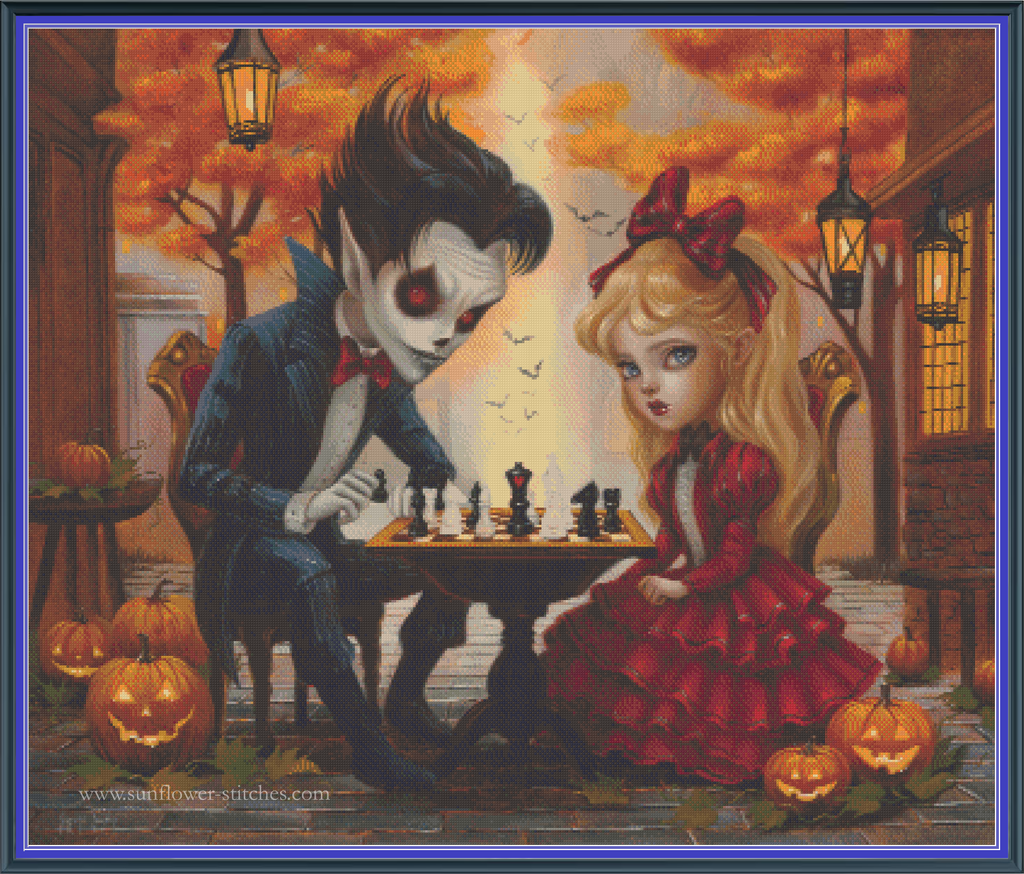 Alice and Dracula’s Chess at Crimson Hour cross stitch mock-up, showing chess among pumpkins and lanterns, Sunflower Stitches.