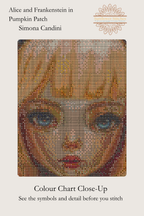 Alice and Frankenstein in Pumpkin Patch colour chart close-up, showing symbols over Alice’s face, Sunflower Stitches.