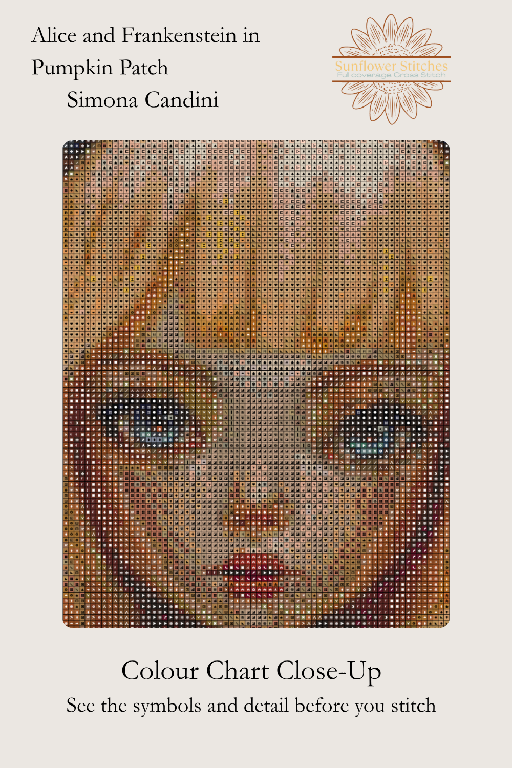 Alice and Frankenstein in Pumpkin Patch colour chart close-up, showing symbols over Alice’s face, Sunflower Stitches.