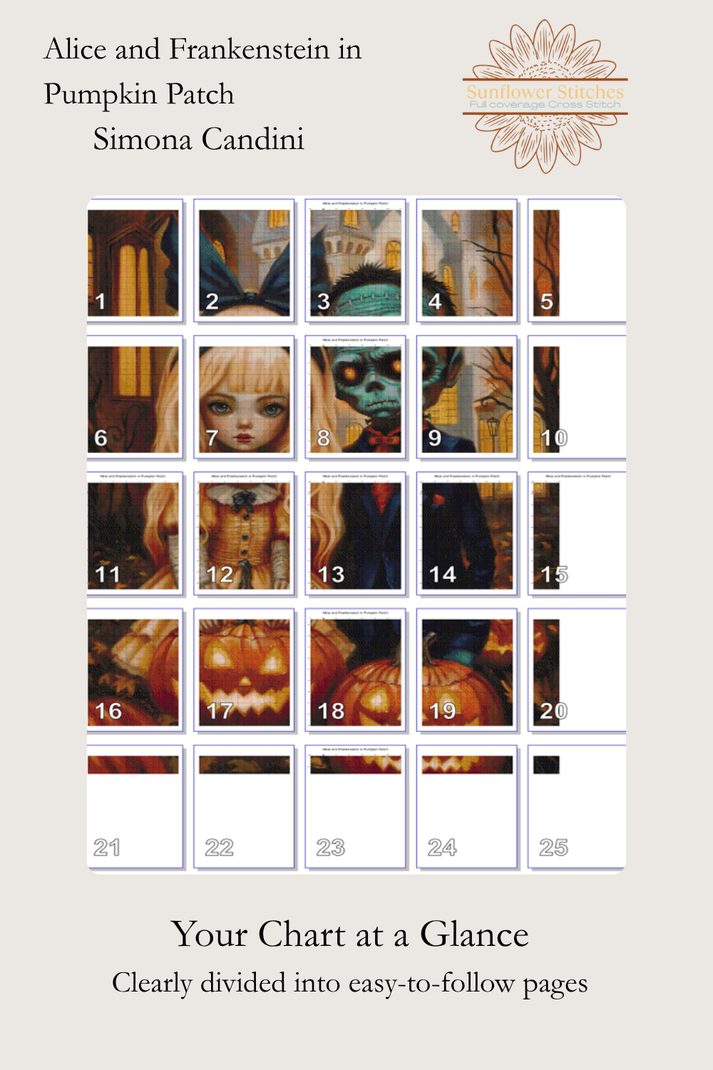 Alice and Frankenstein in Pumpkin Patch chart page map, showing numbered page thumbnails, Sunflower Stitches.