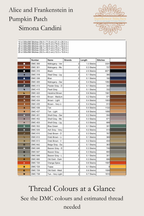 Alice and Frankenstein in Pumpkin Patch thread chart, showing DMC colours, symbols and skein estimates, Sunflower Stitches.