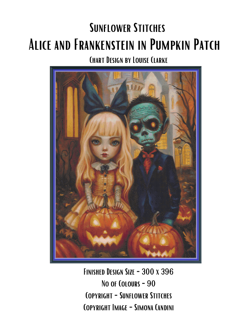 Alice and Frankenstein in Pumpkin Patch chart cover, showing the pair with glowing carved pumpkins, Sunflower Stitches.