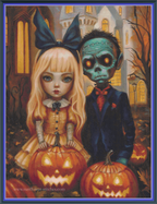Alice and Frankenstein in Pumpkin Patch cross stitch mock-up, showing glowing carved pumpkins, Sunflower Stitches.
