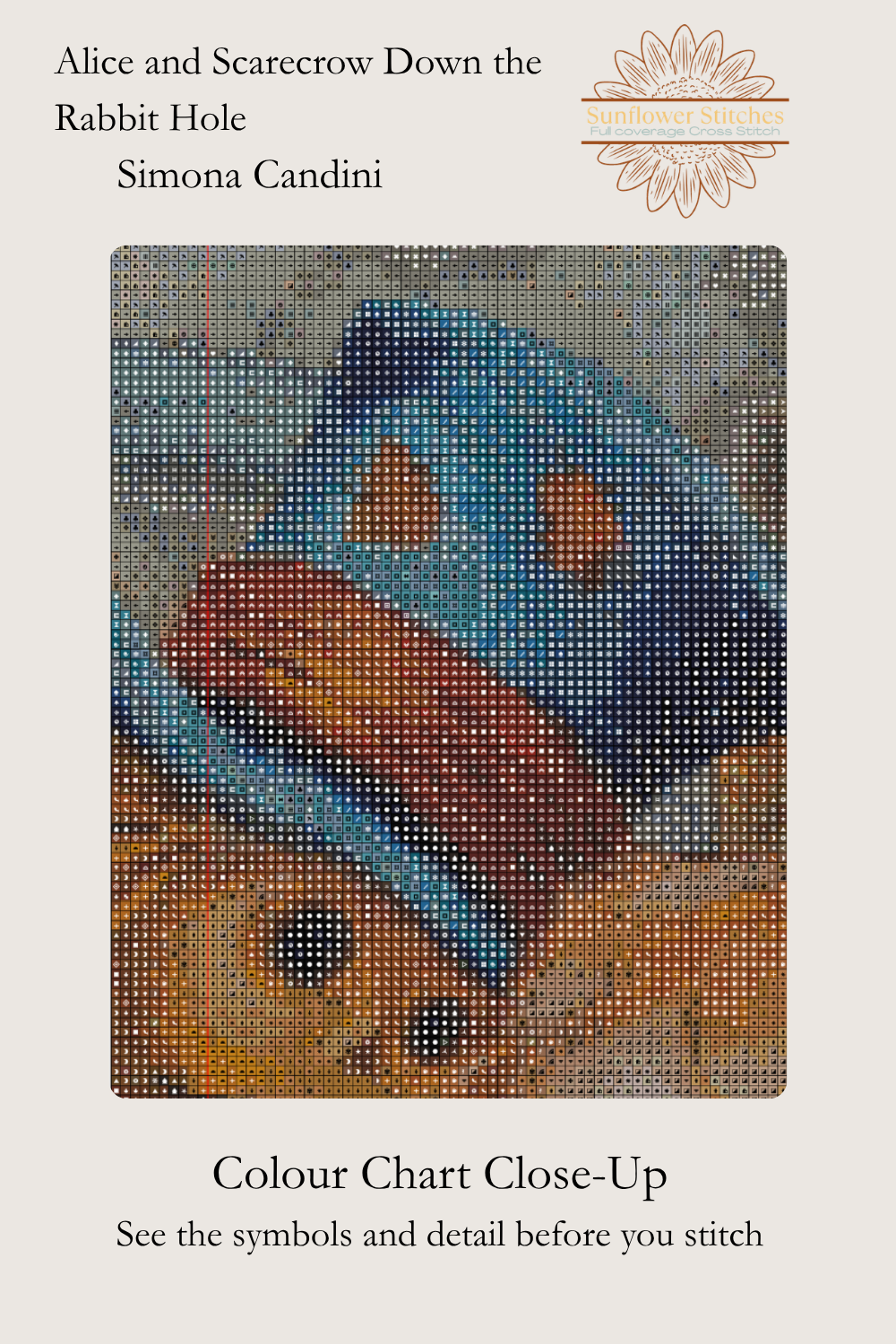 Alice and Scarecrow Down the Rabbit Hole colour chart close-up, showing symbols over the blue top hat, Sunflower Stitches.